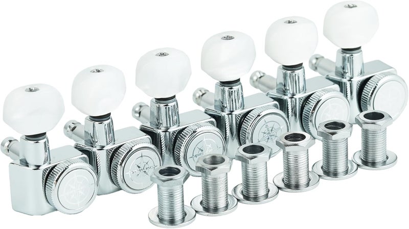 guyker 6 In-line Guitar Locking Tuners – 1:18 Lock String Tuning Key Pegs Machine Heads for Folk Classical Acoustic Electric Guitar - Pearl Buttons, Chrome - Image 1